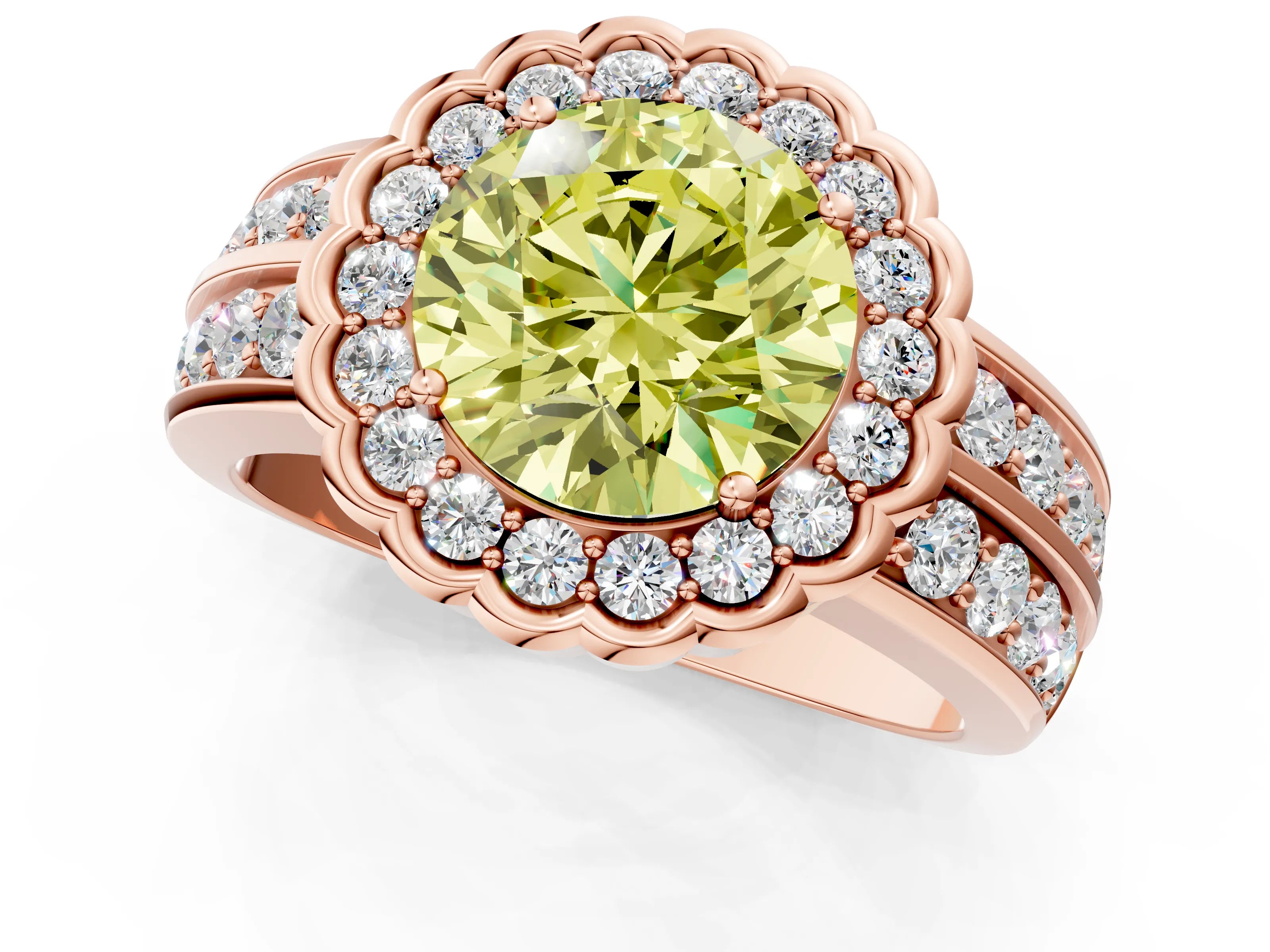 Rose gold Fancy Yellow Round Cut Halo Diamond Split Shank Ring with Scalloped Prong Setting_1