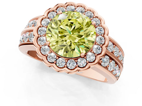 Rose gold Fancy Yellow Round Cut Halo Diamond Split Shank Ring with Scalloped Prong Setting_1