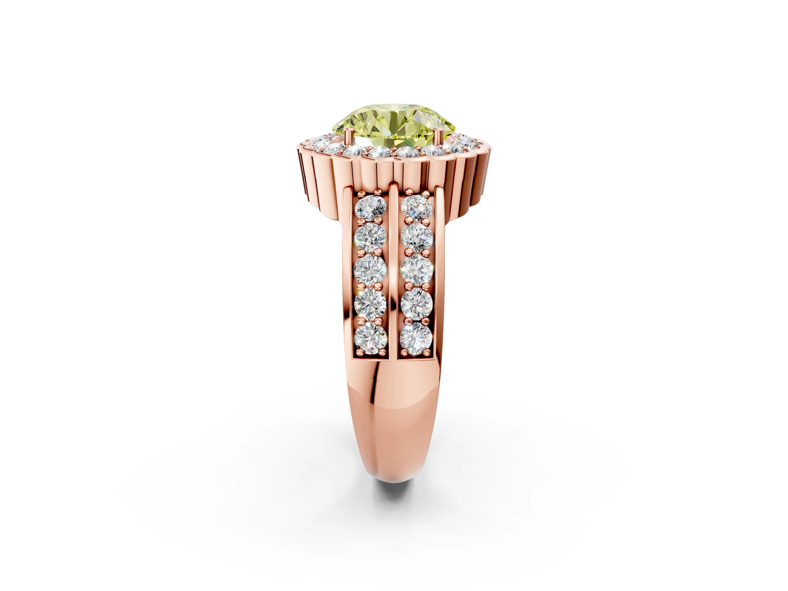 Rose gold Fancy Yellow Round Cut Halo Diamond Split Shank Ring with Scalloped Prong Setting_2