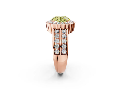 Rose gold Fancy Yellow Round Cut Halo Diamond Split Shank Ring with Scalloped Prong Setting_2