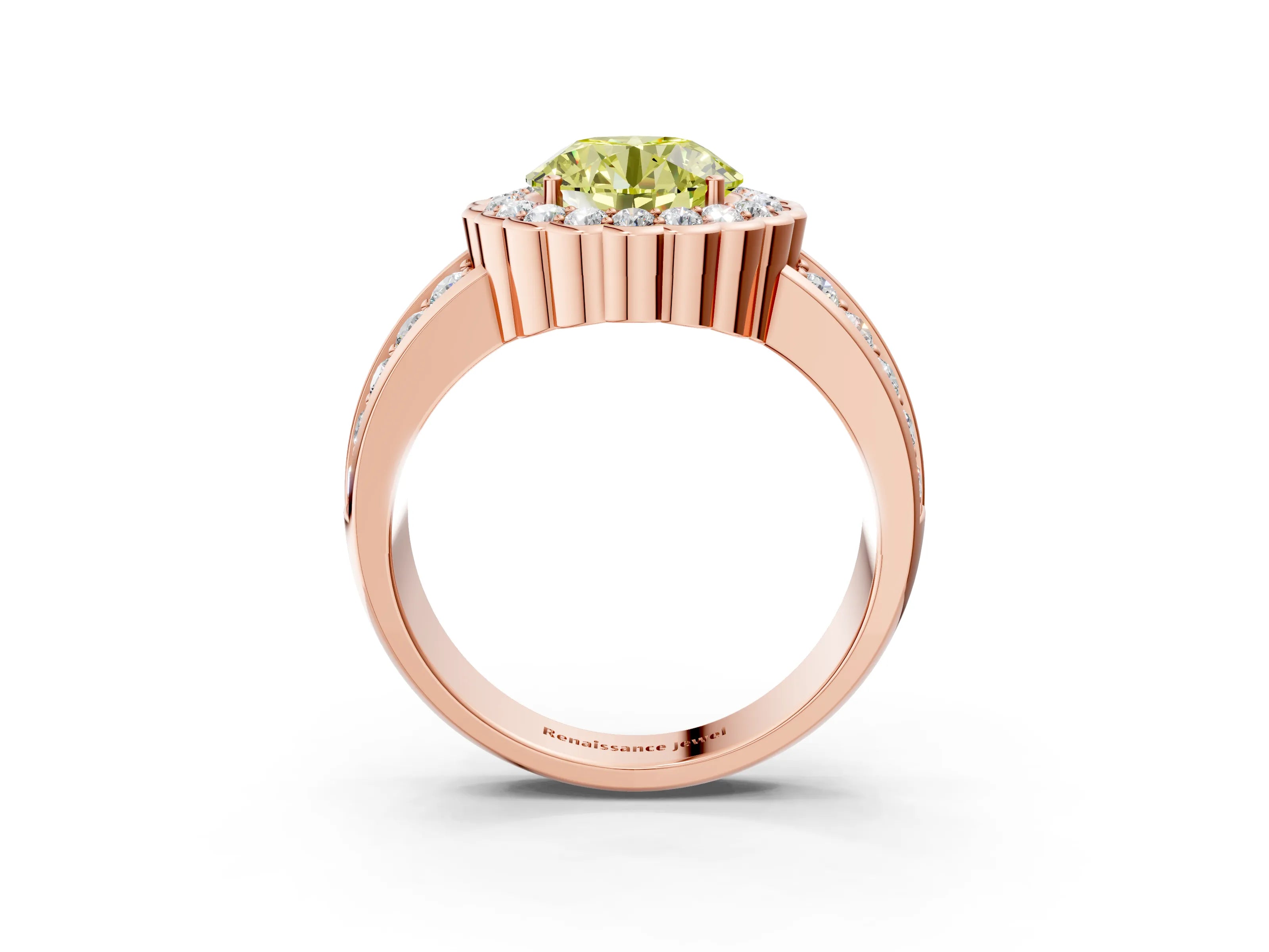 Rose gold Fancy Yellow Round Cut Halo Diamond Split Shank Ring with Scalloped Prong Setting_3