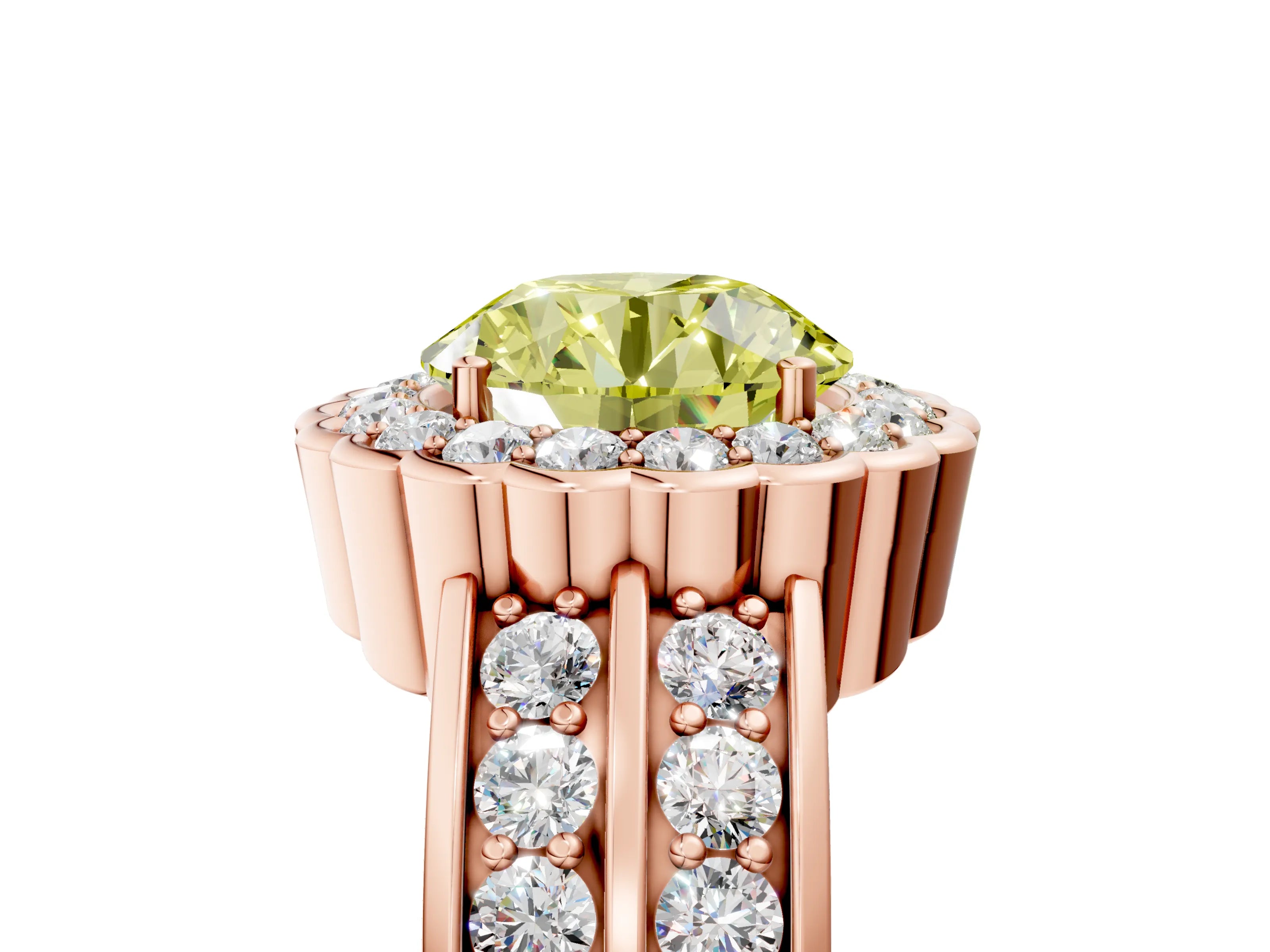 Rose gold Fancy Yellow Round Cut Halo Diamond Split Shank Ring with Scalloped Prong Setting_5