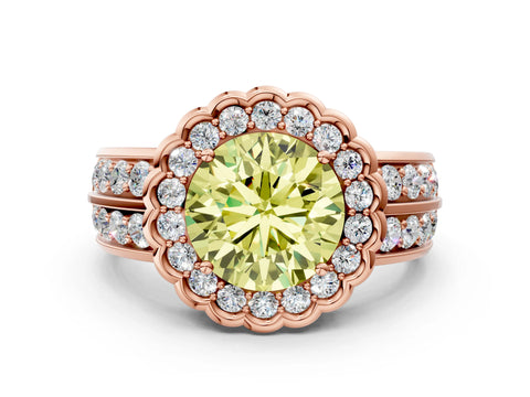Rose gold Fancy Yellow Round Cut Halo Diamond Split Shank Ring with Scalloped Prong Setting