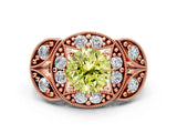 Rose gold Fancy Yellow Round Cut Halo Milgrain Diamond Engagement Ring with Leaf Band and Four-Prong Setting
