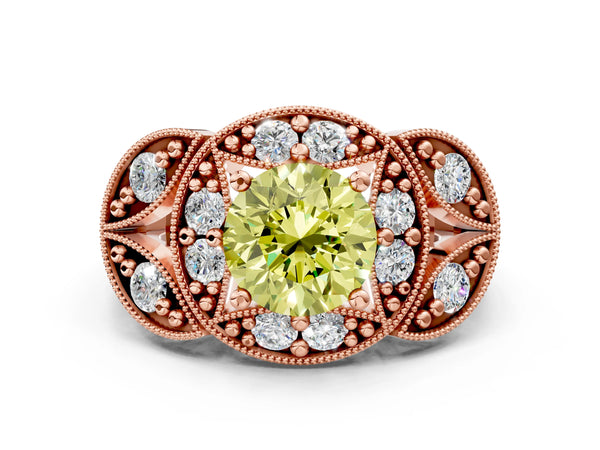 Rose gold Fancy Yellow Round Cut Halo Milgrain Diamond Engagement Ring with Leaf Band and Four-Prong Setting