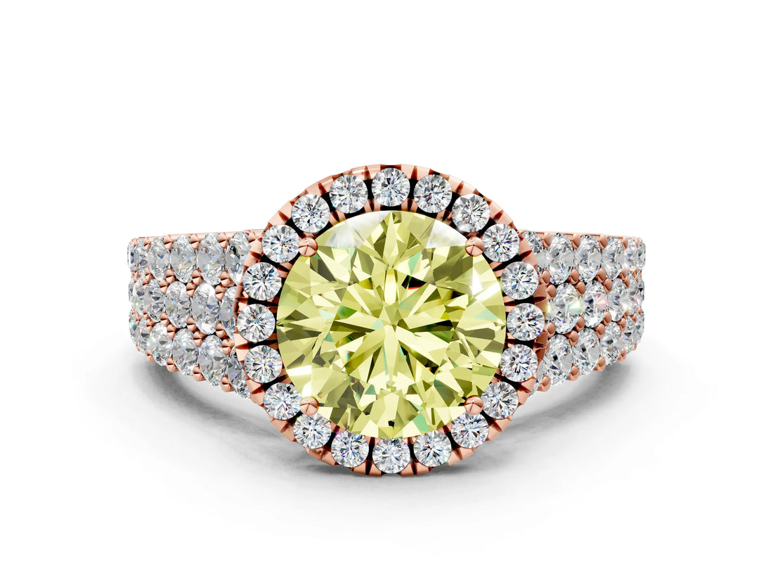 Rose gold Fancy Yellow Round Cut Halo Pavé Diamond Engagement Ring with Split Shank and Four-Prong Setting_3
