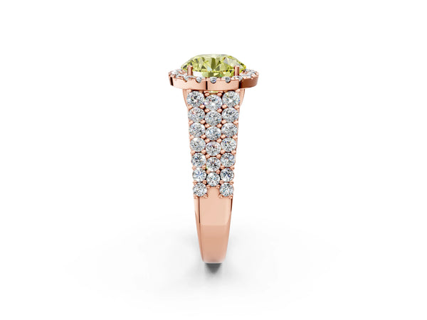 Rose gold Fancy Yellow Round Cut Halo Pavé Diamond Engagement Ring with Split Shank and Four-Prong Setting