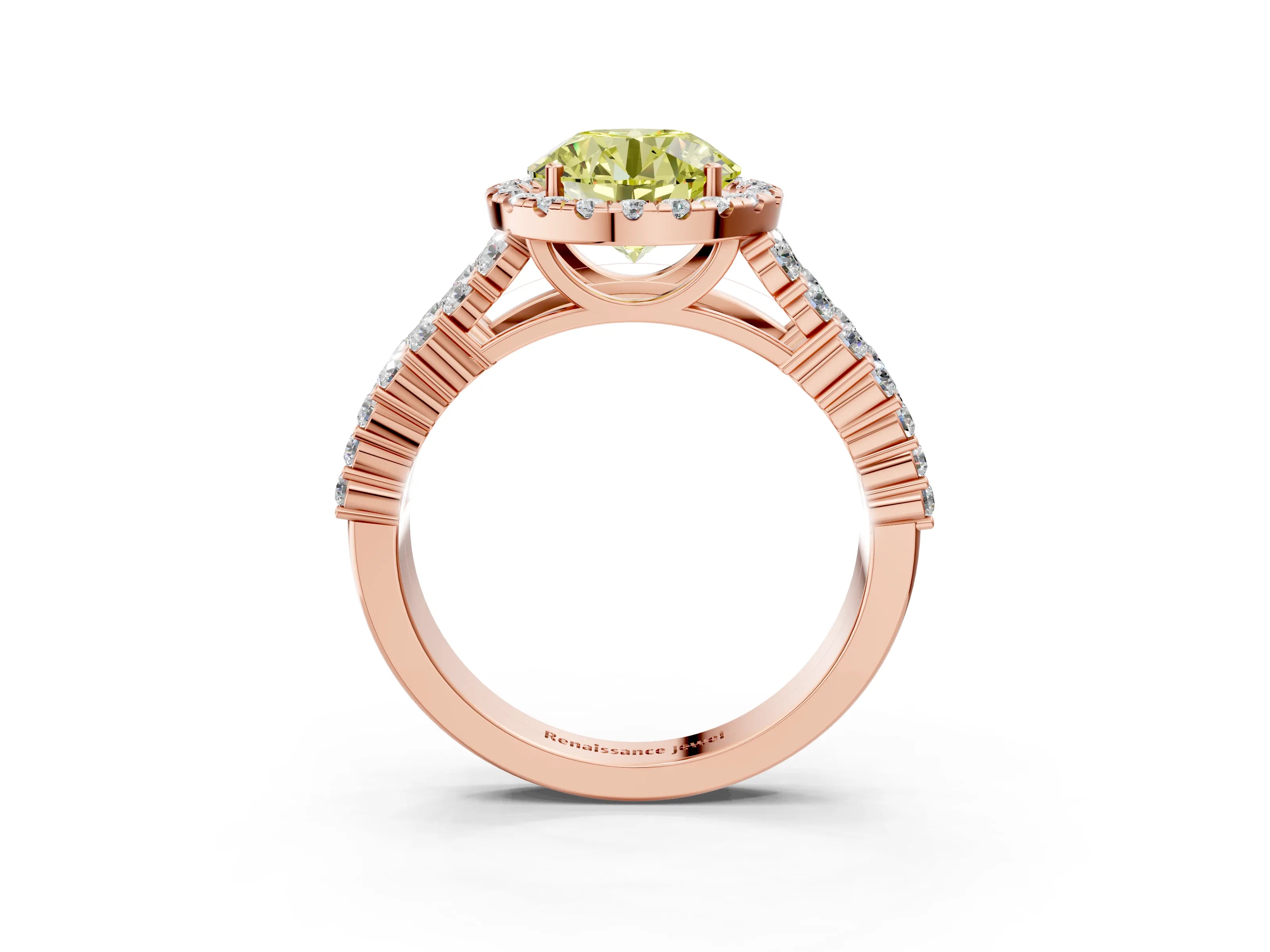 Rose gold Fancy Yellow Round Cut Halo Pavé Diamond Engagement Ring with Split Shank and Four-Prong Setting_6