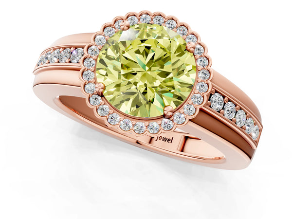 Rose gold Fancy Yellow Round  Cut Halo Pave Band Four-Prong Ring