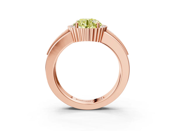 Rose gold Fancy Yellow Round  Cut Halo Pave Band Four-Prong Ring