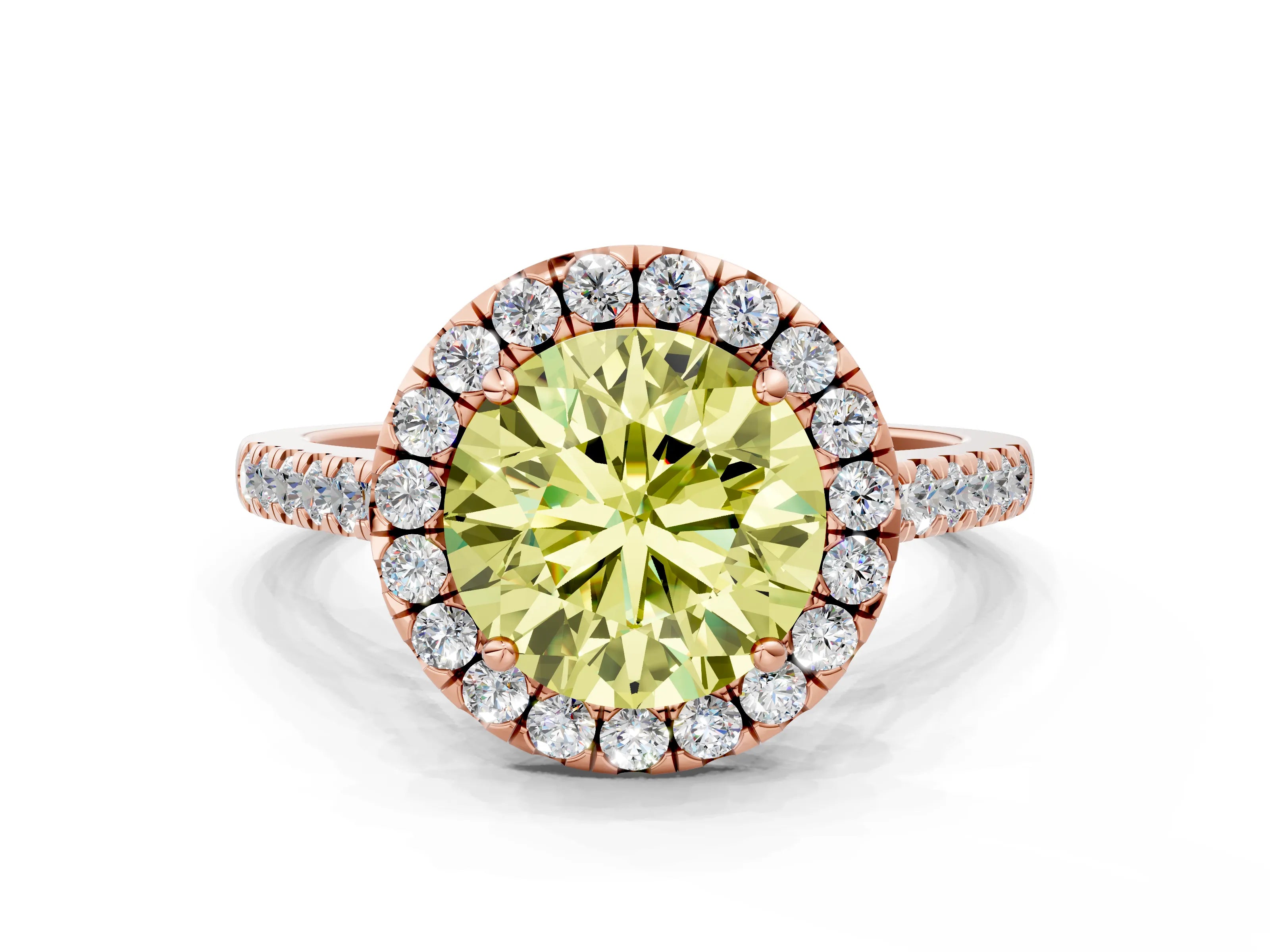 Rose gold Fancy Yellow Round Cut Halo Pave Diamond Engagement Ring with Four-Prong Setting