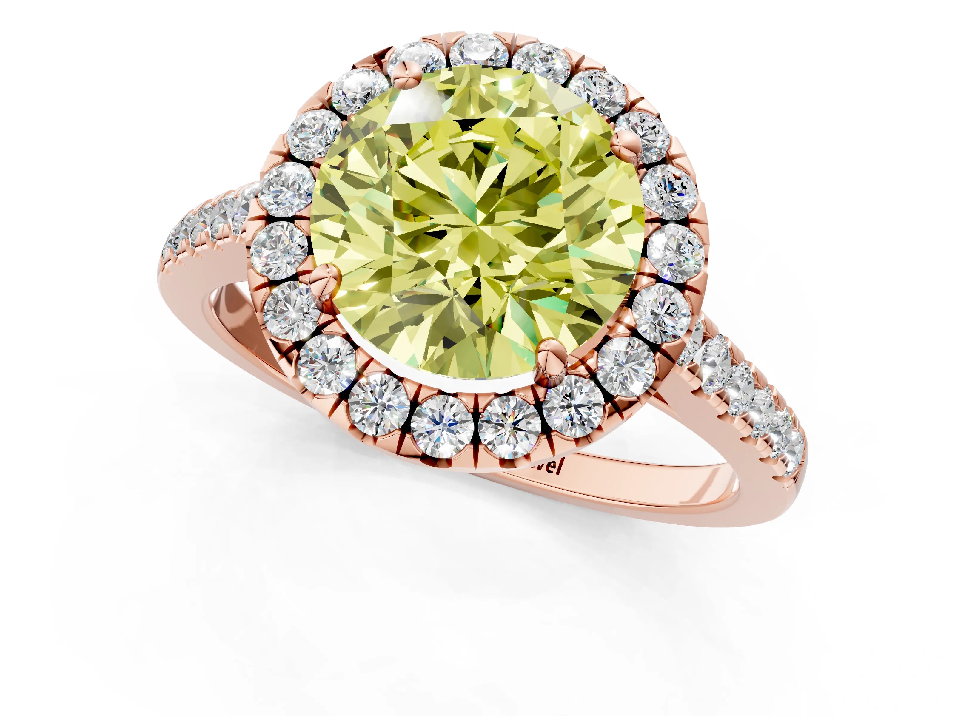 Rose gold Fancy Yellow Round Cut Halo Pave Diamond Engagement Ring with Four-Prong Setting_1