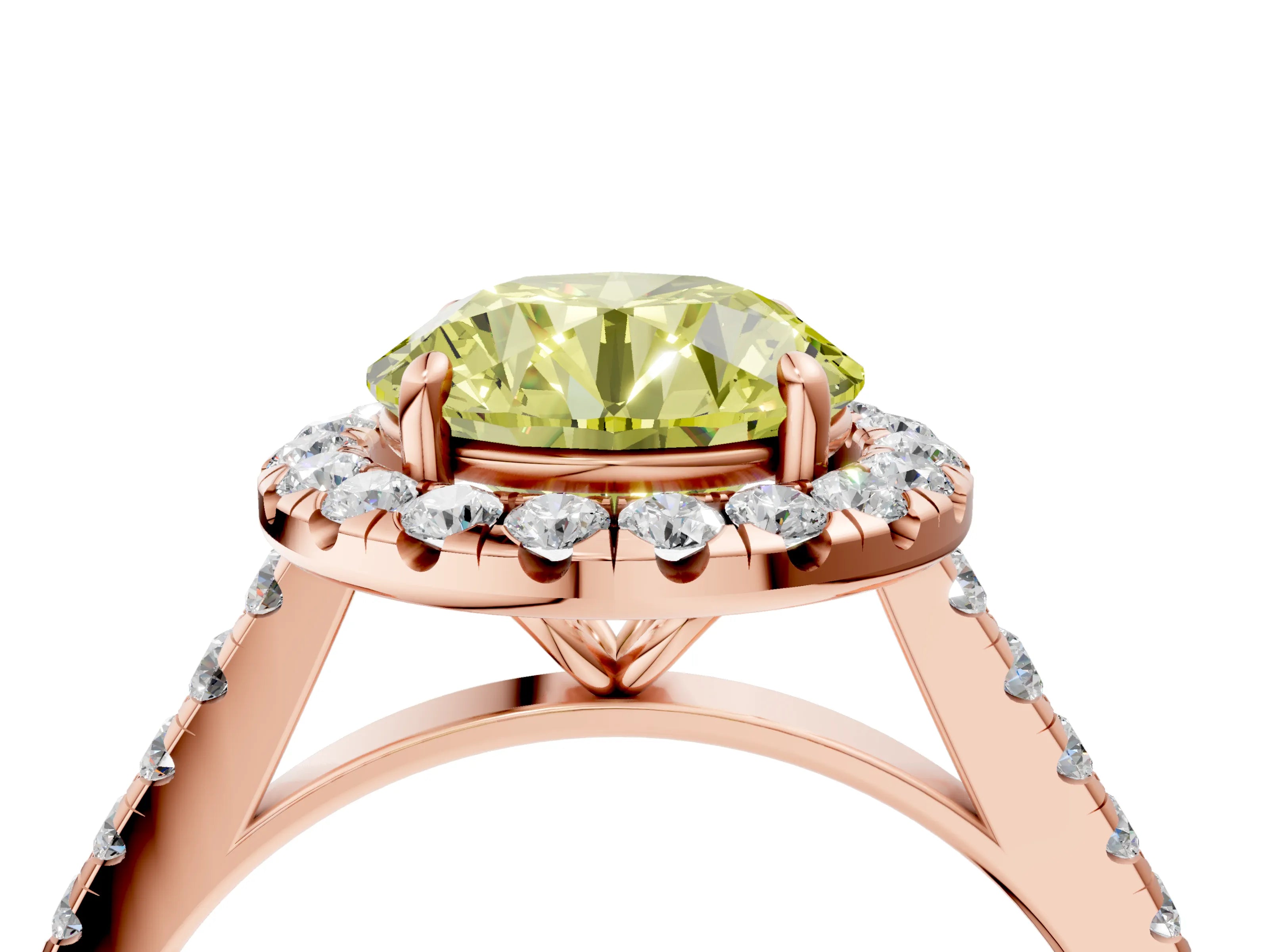 Rose gold Fancy Yellow Round Cut Halo Pave Diamond Engagement Ring with Four-Prong Setting_4