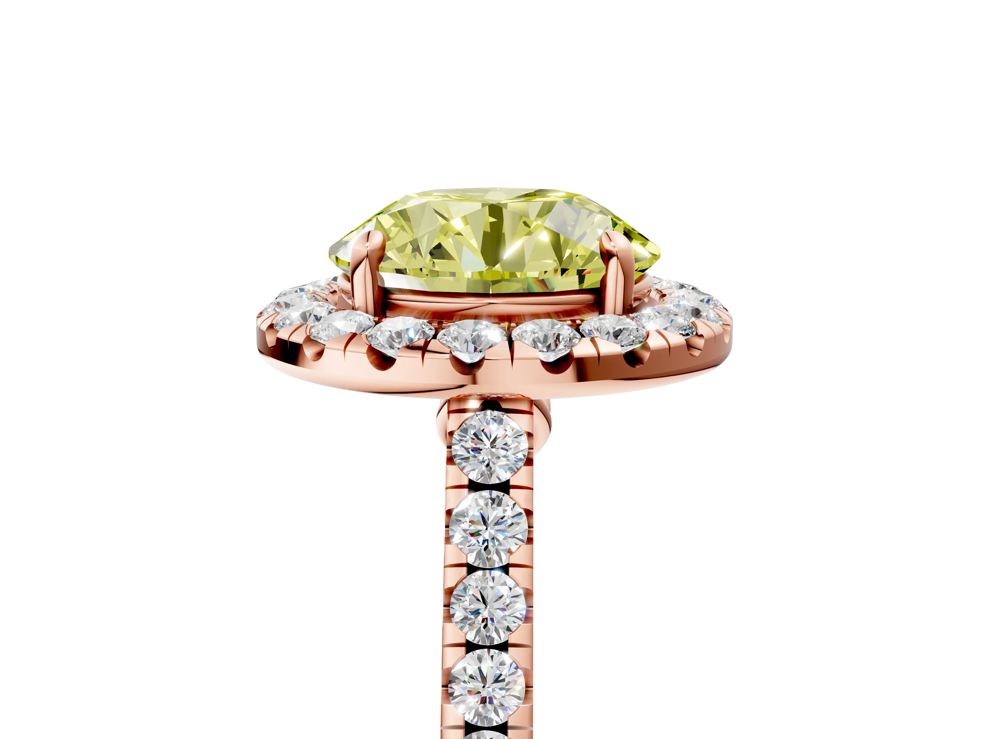 Rose gold Fancy Yellow Round Cut Halo Pave Diamond Engagement Ring with Four-Prong Setting_5