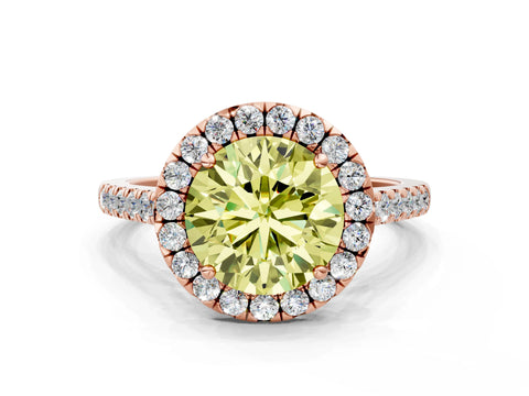 Rose gold Fancy Yellow Round Cut Halo Pave Diamond Engagement Ring with Four-Prong Setting