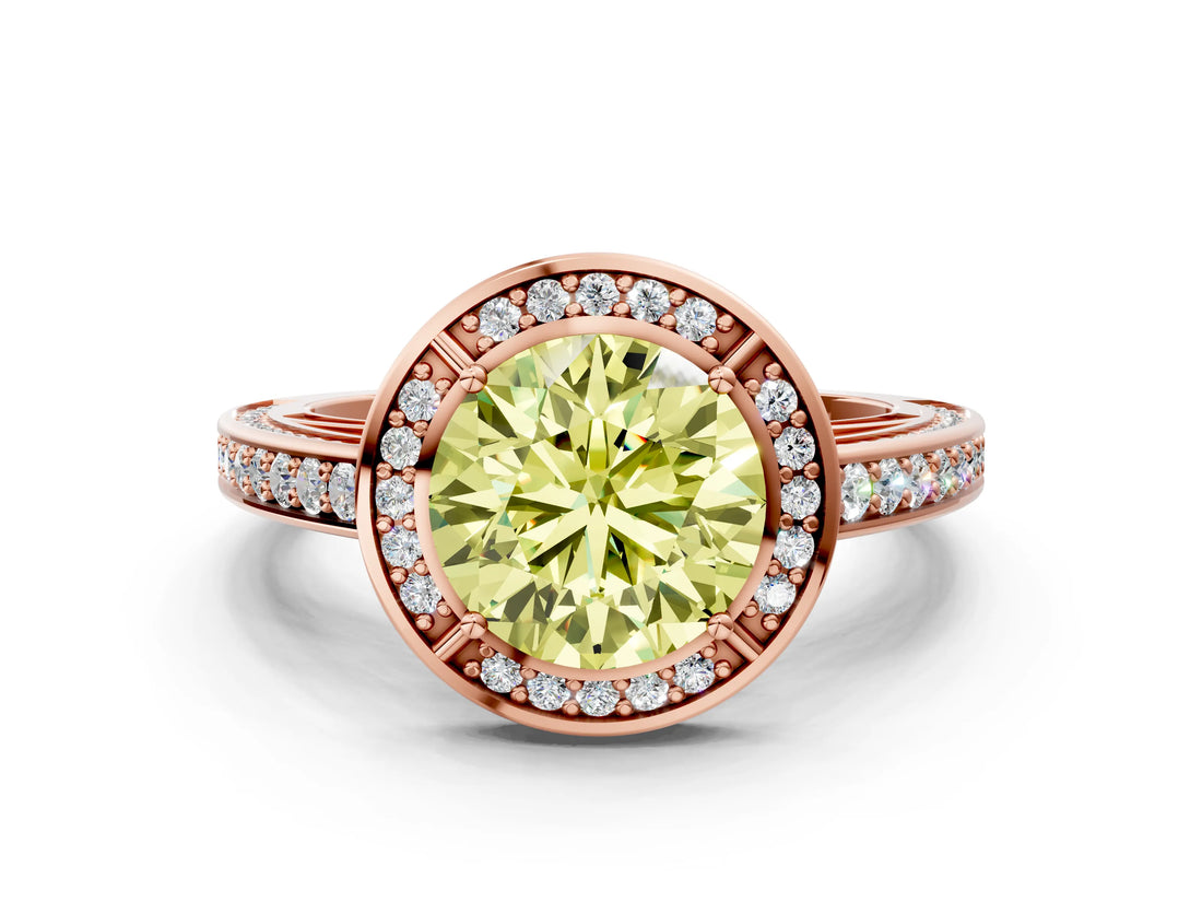 Rose gold Fancy Yellow Round  Cut Halo Pave Split Shank Prong Setting Ring_32