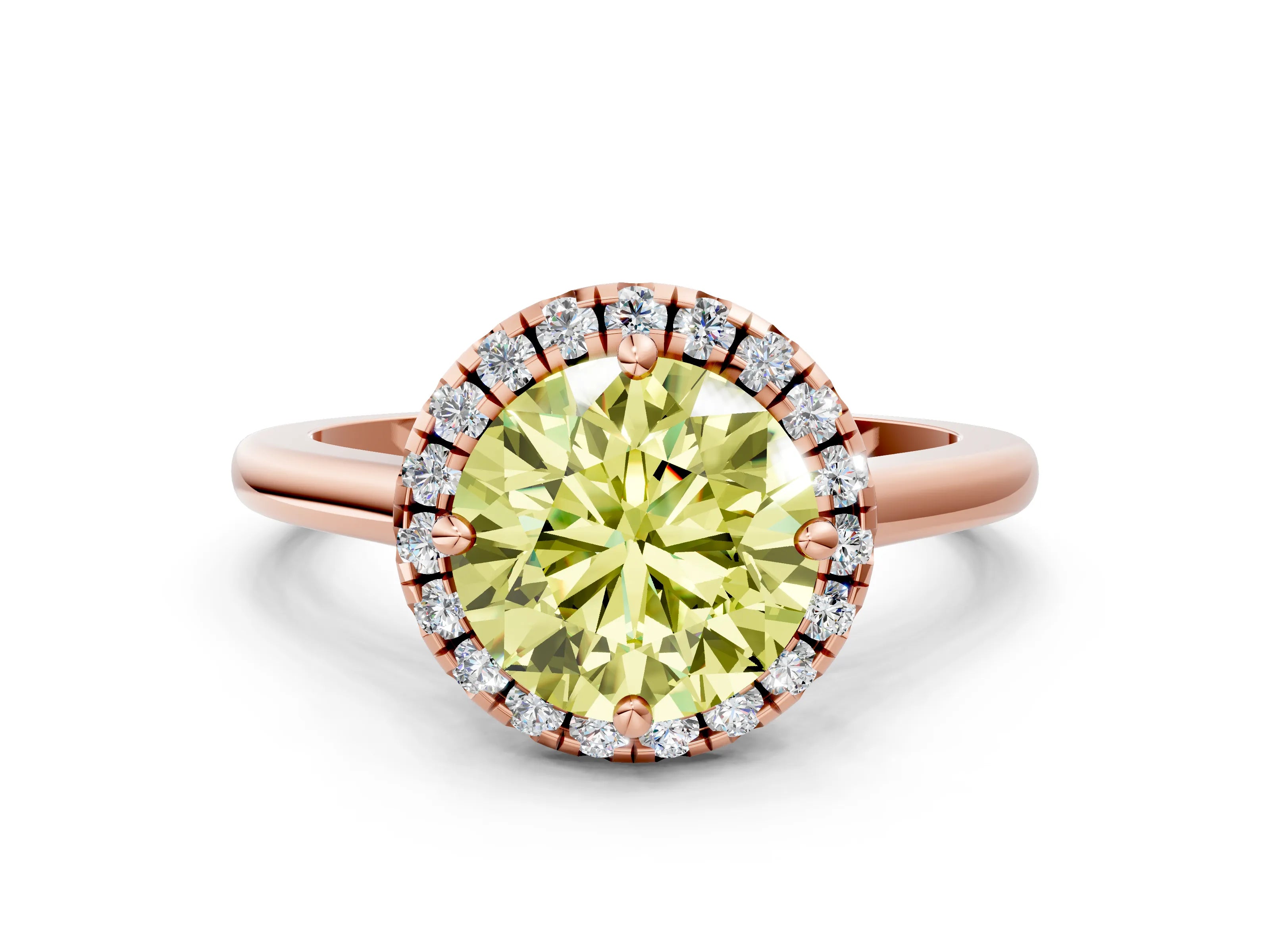 Rose gold Fancy Yellow Round Cut Halo Round Diamond Solitaire Engagement Ring with Pave Band and Four-Prong Setting_12