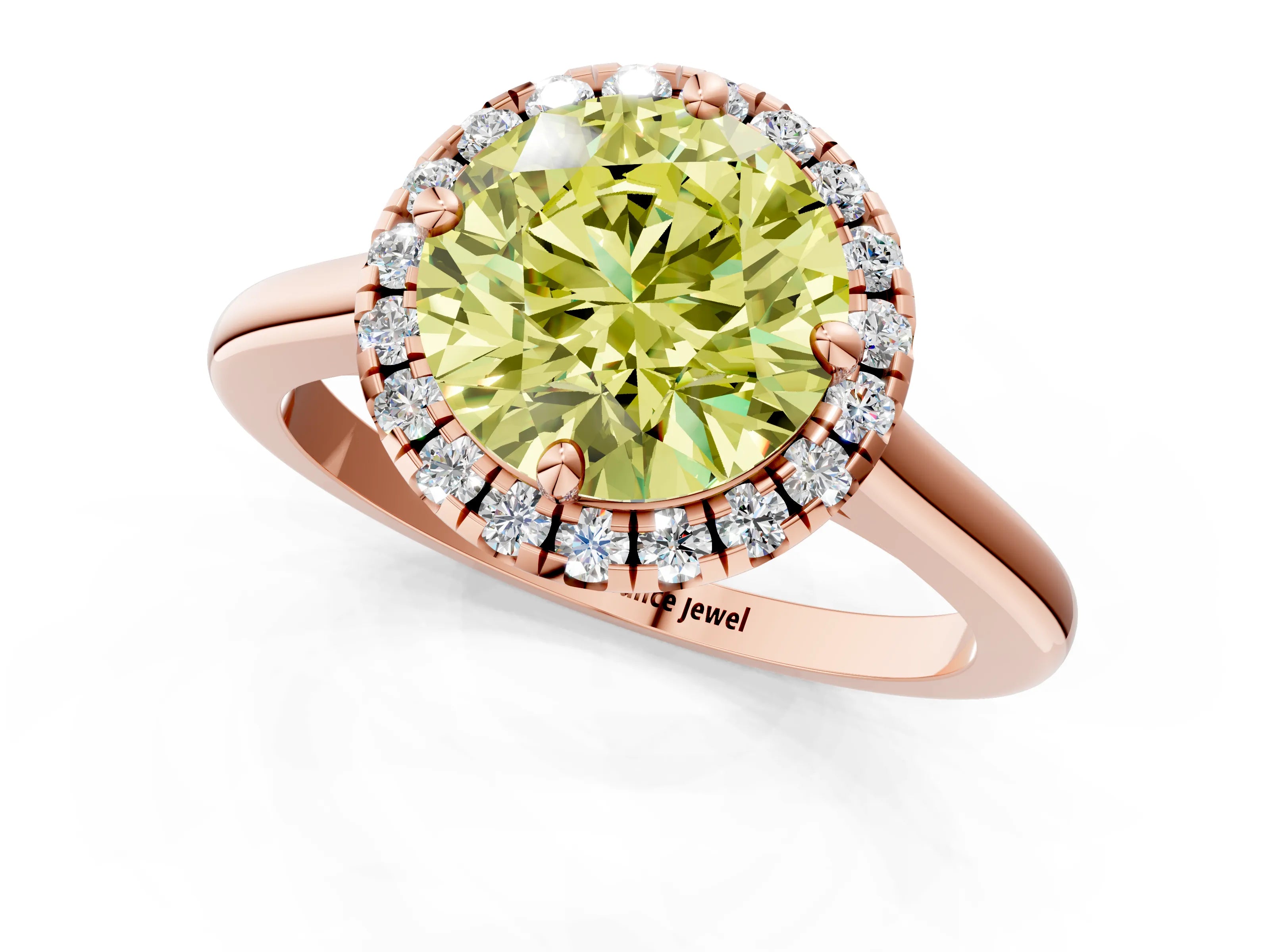 Rose gold Fancy Yellow Round Cut Halo Round Diamond Solitaire Engagement Ring with Pave Band and Four-Prong Setting_13