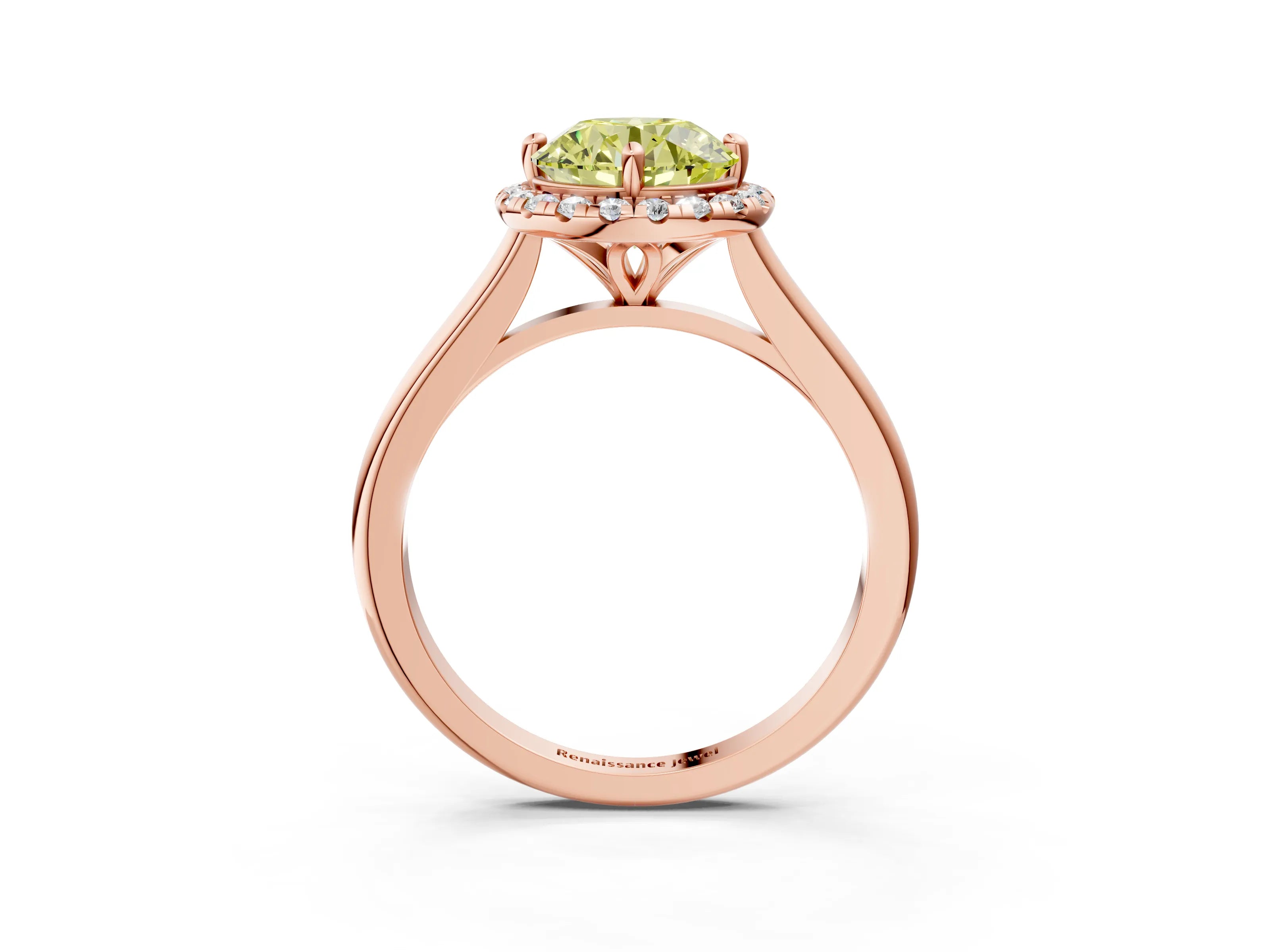Rose gold Fancy Yellow Round Cut Halo Round Diamond Solitaire Engagement Ring with Pave Band and Four-Prong Setting_15