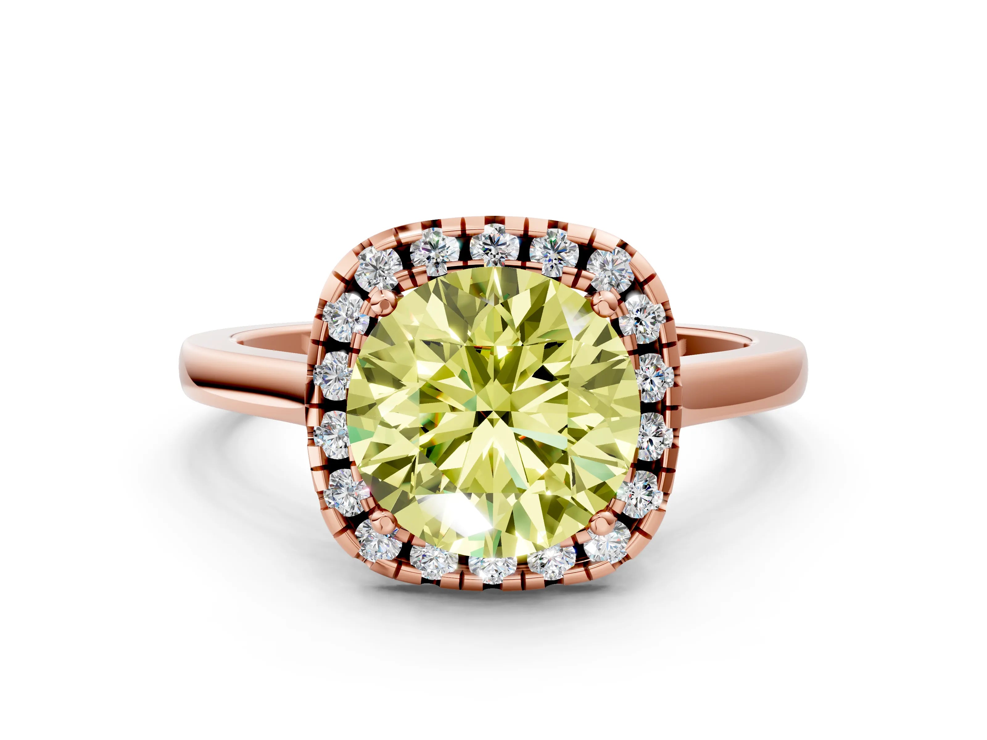 Rose gold Fancy Yellow Round Cut Halo Round Diamond Solitaire Ring with Pavé Band and Four-Prong Setting
