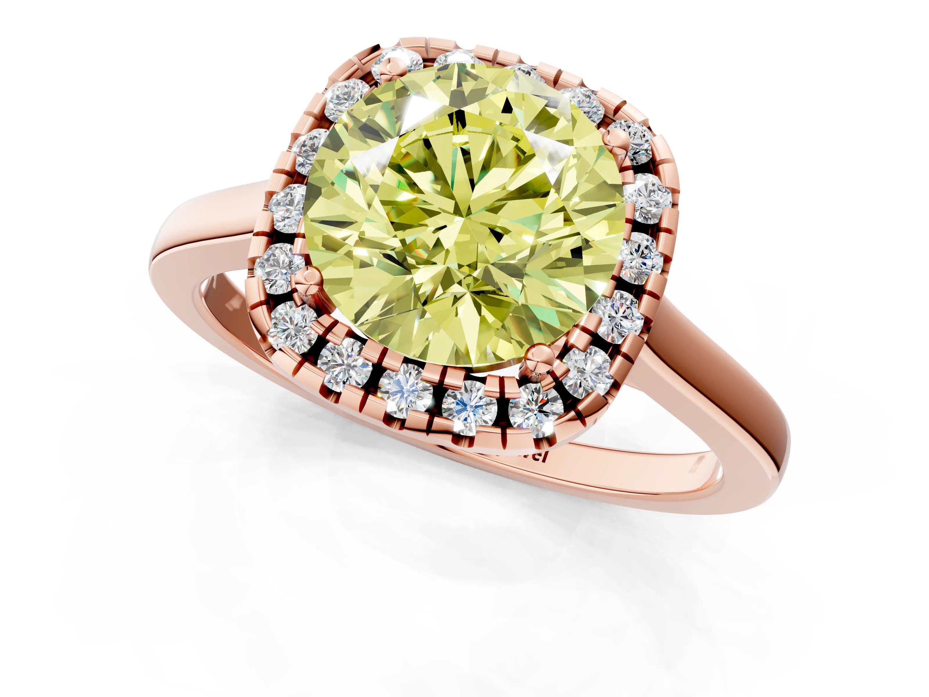 Rose gold Fancy Yellow Round Cut Halo Round Diamond Solitaire Ring with Pavé Band and Four-Prong Setting_1