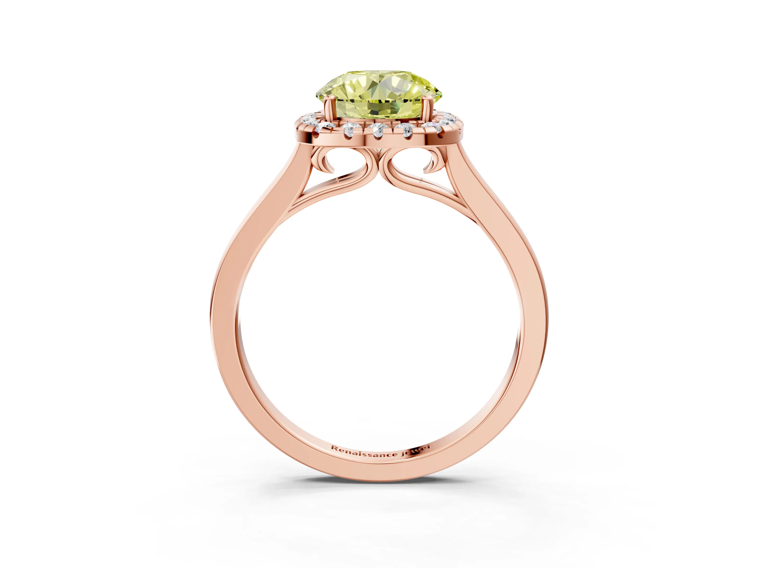 Rose gold Fancy Yellow Round Cut Halo Round Diamond Solitaire Ring with Pavé Band and Four-Prong Setting_3
