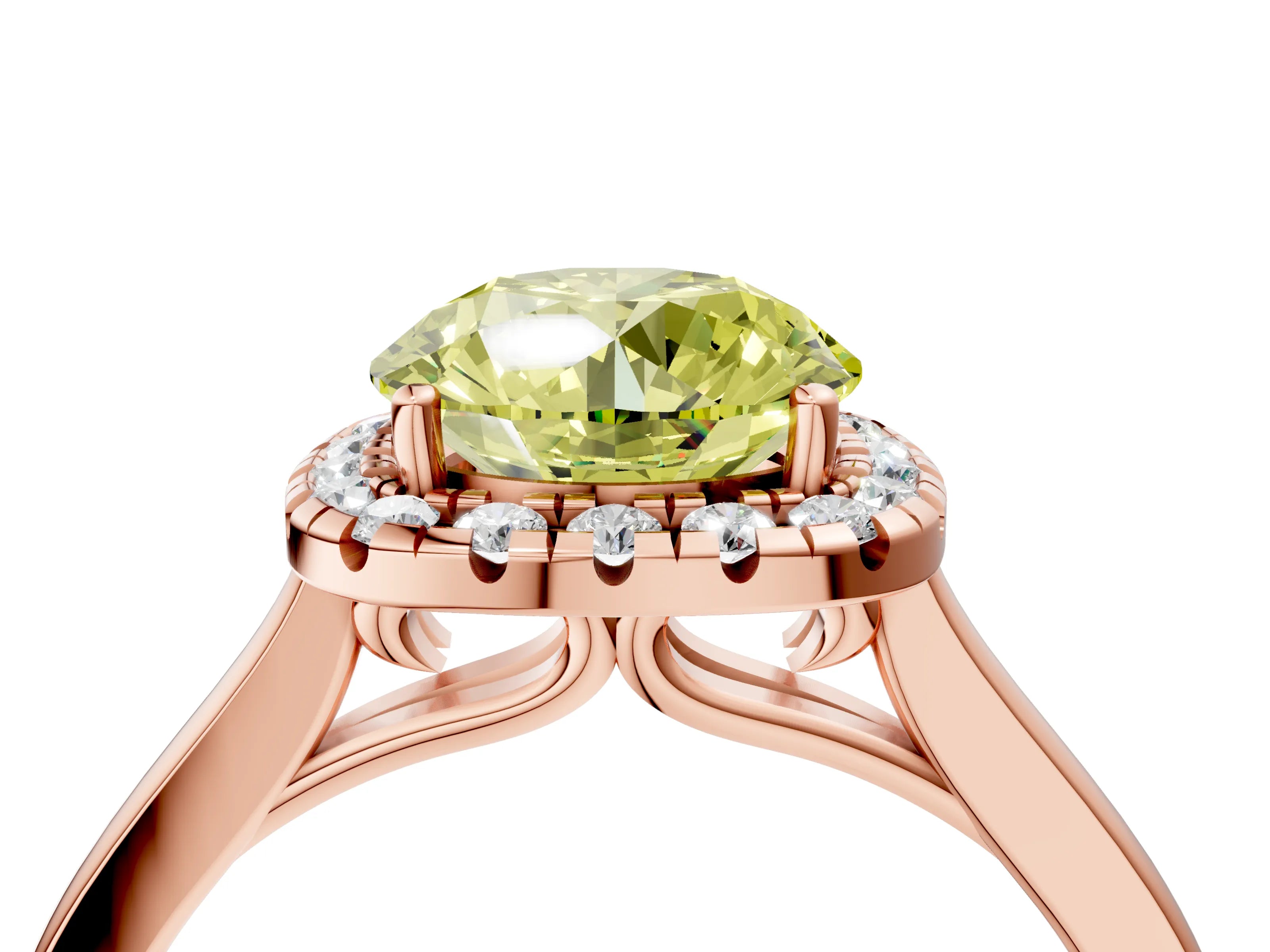 Rose gold Fancy Yellow Round Cut Halo Round Diamond Solitaire Ring with Pavé Band and Four-Prong Setting_4