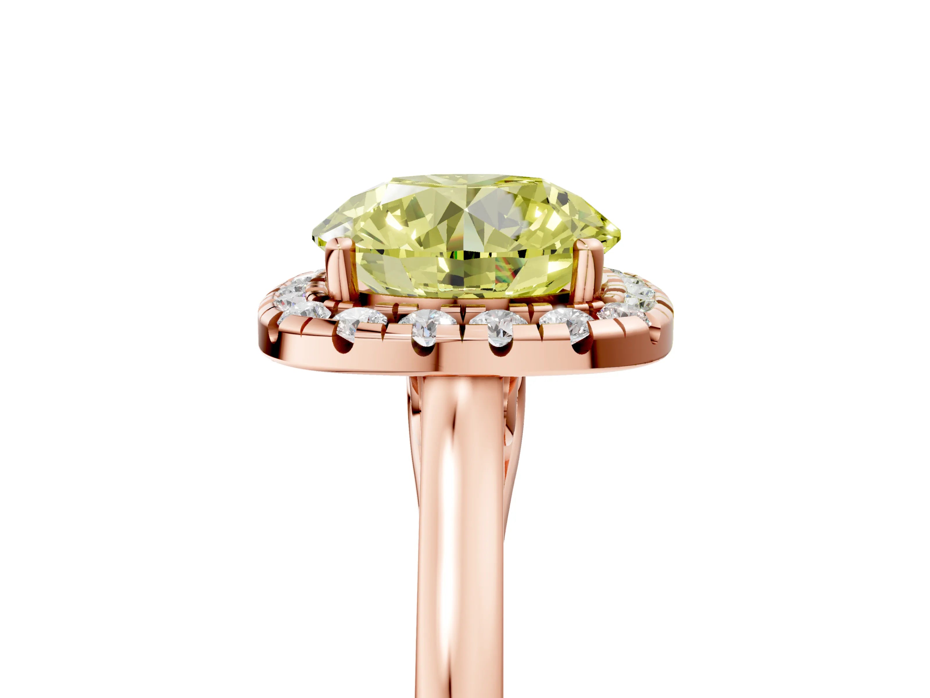 Rose gold Fancy Yellow Round Cut Halo Round Diamond Solitaire Ring with Pavé Band and Four-Prong Setting_5