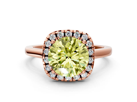 Rose gold Fancy Yellow Round Cut Halo Round Diamond Solitaire Ring with Pavé Band and Four-Prong Setting