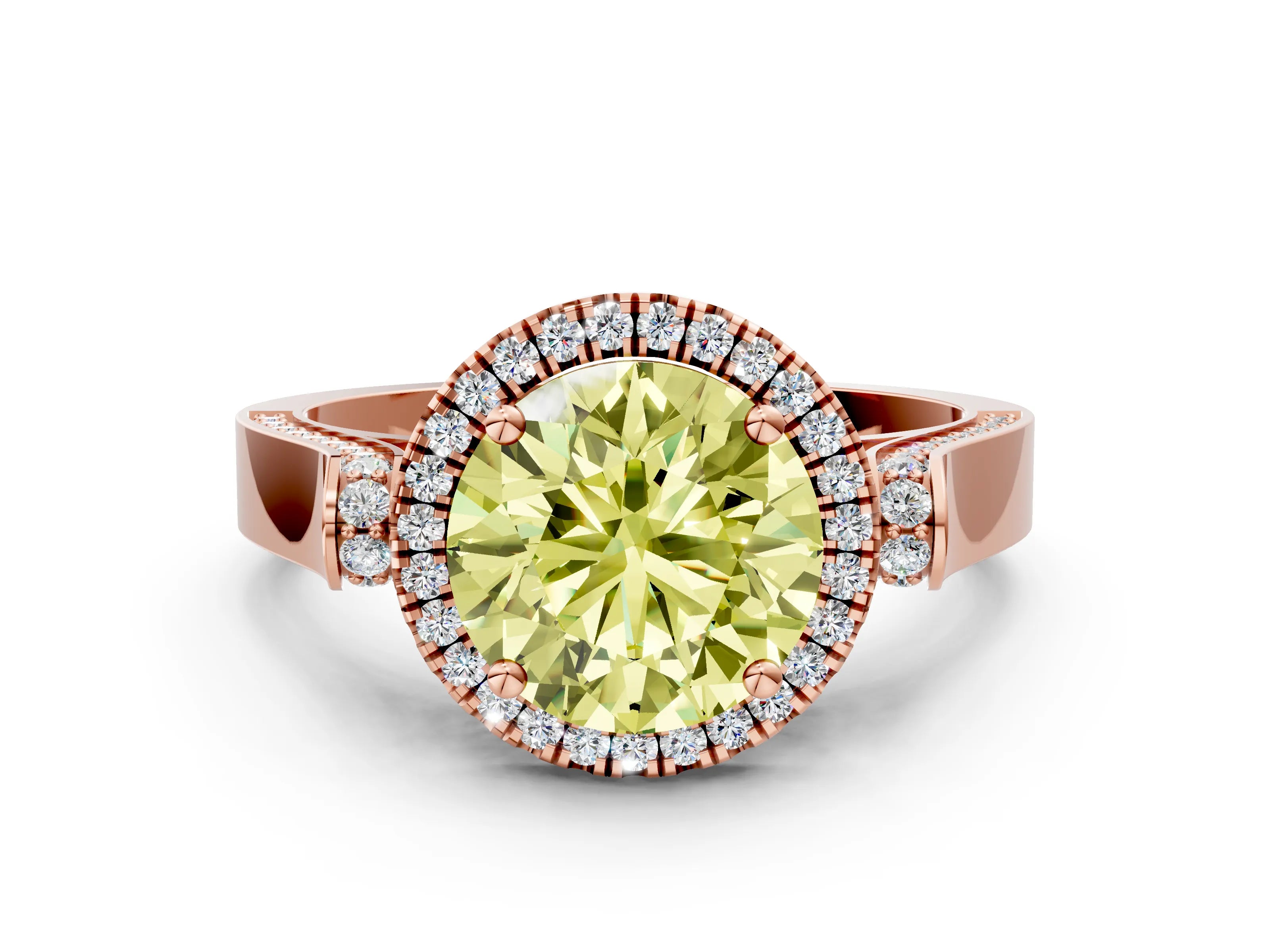 Rose gold Fancy Yellow Round Cut Halo Round Diamond Twist Band with Four-Prong Setting