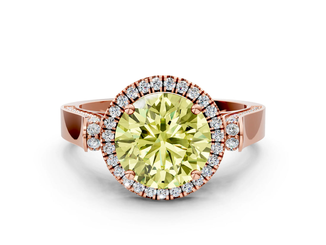 Rose gold Fancy Yellow Round Cut Halo Round Diamond Twist Band with Four-Prong Setting