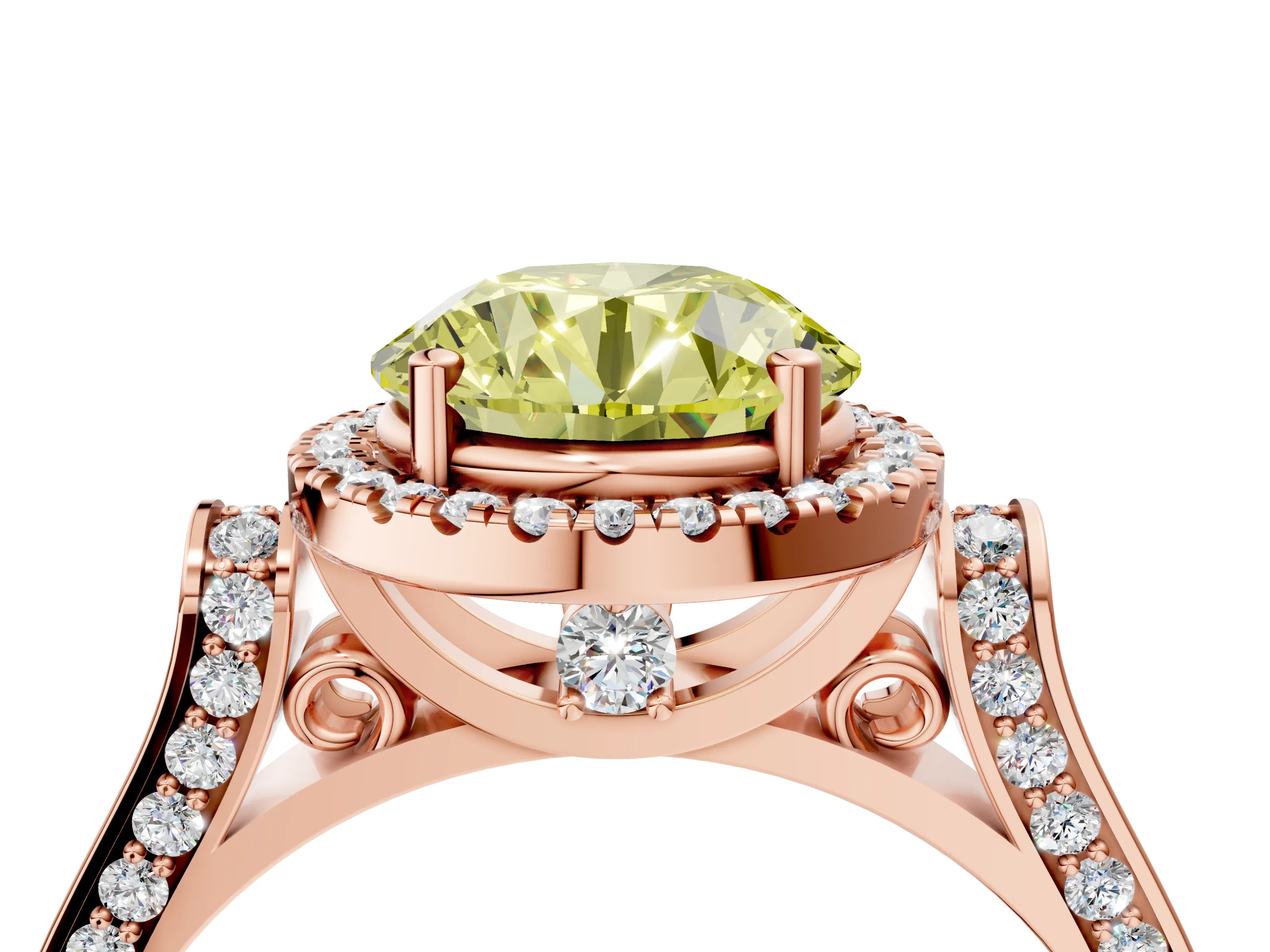 Rose gold Fancy Yellow Round Cut Halo Round Diamond Twist Band with Four-Prong Setting_4