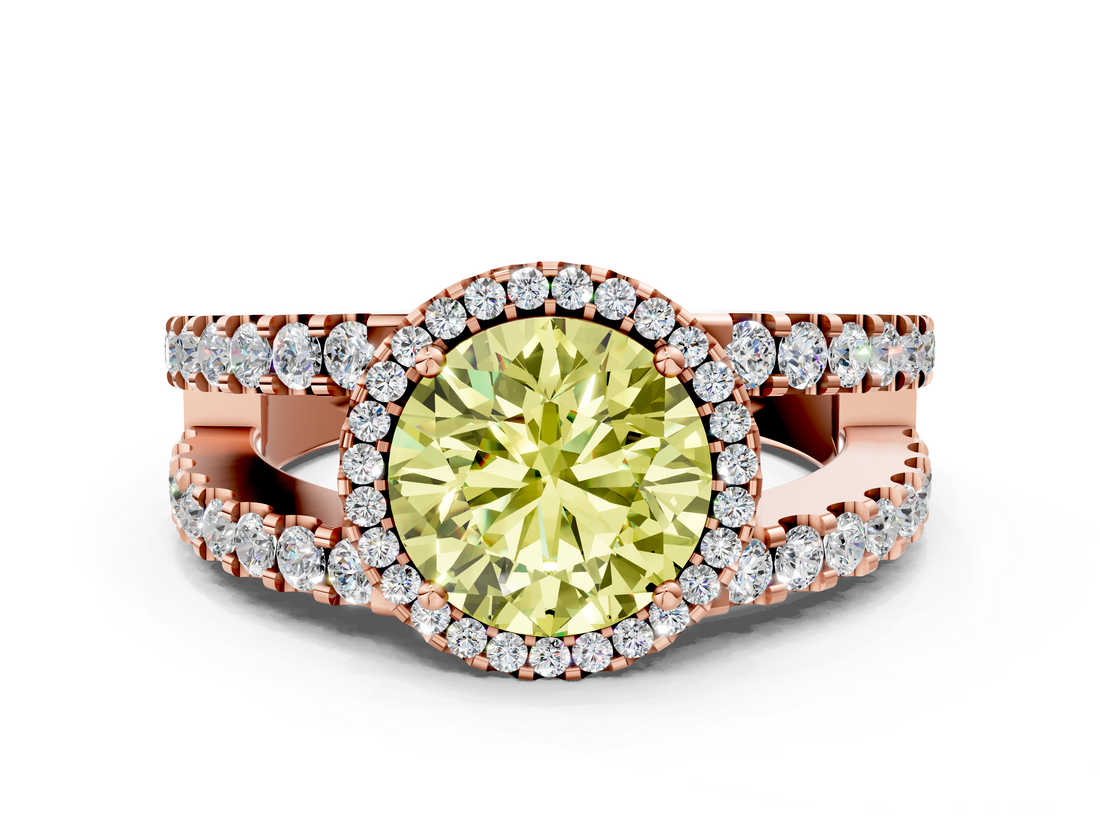 Rose gold Fancy Yellow Round  Cut Halo Split Shank Diamond Ring with Four-Prong Setting