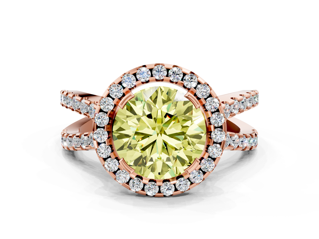 Rose gold Fancy Yellow Round  Cut Halo Split Shank Pave Set Ring