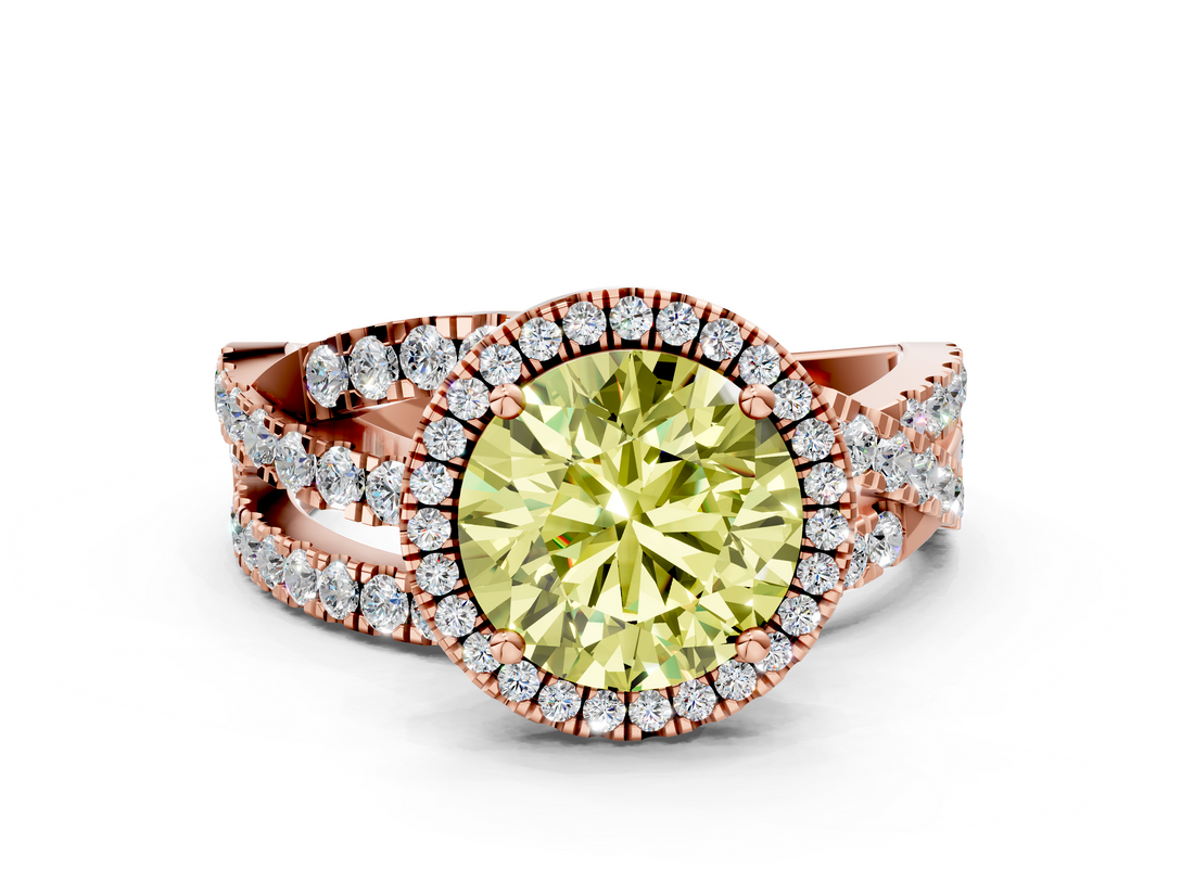 Rose gold Fancy Yellow Round  Cut Halo Split Shank Prong Setting Ring