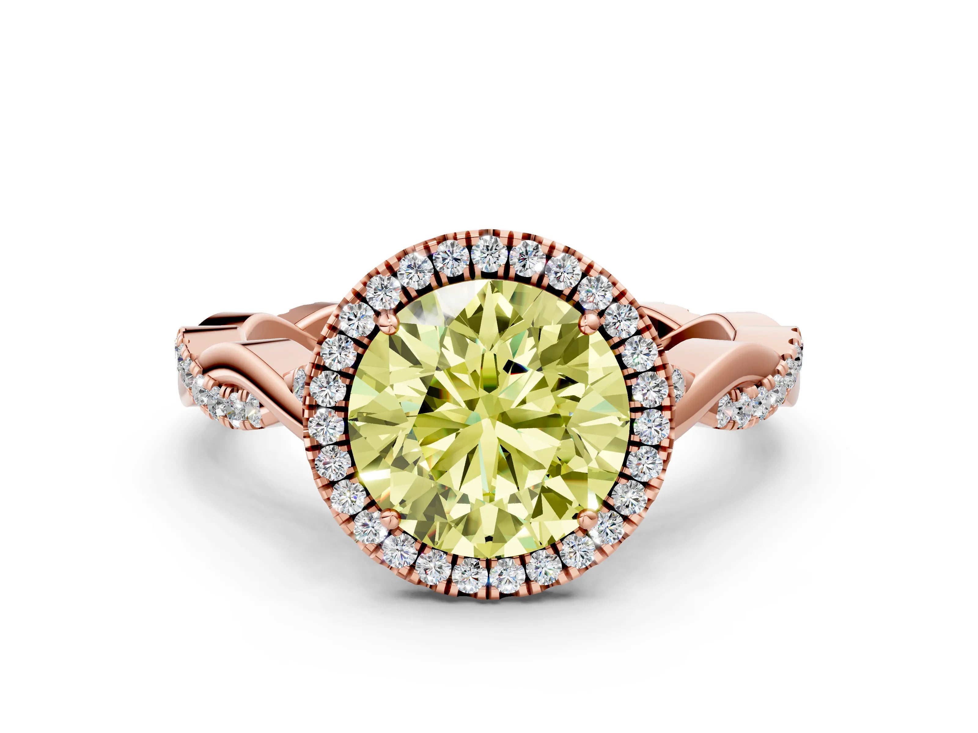 Rose gold Fancy Yellow Round Cut Halo Twist Band with Four-Prong Setting