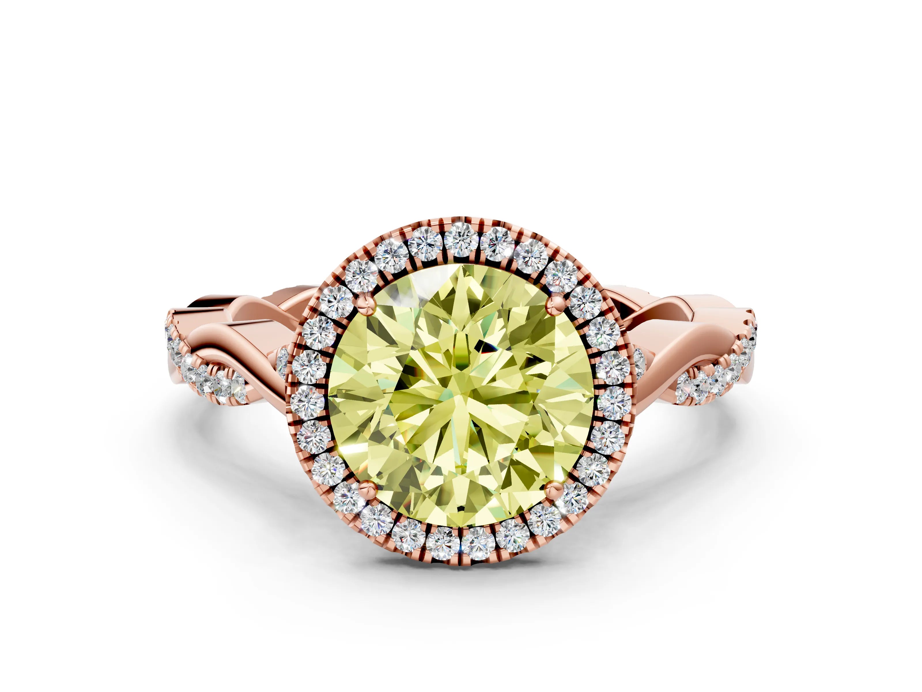 Rose gold Fancy Yellow Round Cut Halo Twist Band with Four-Prong Setting_12