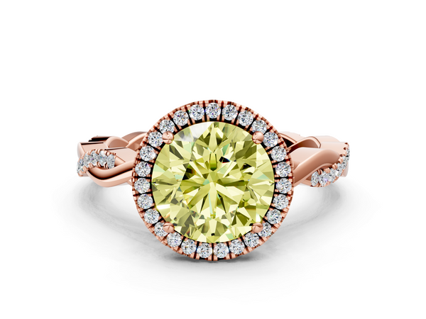 Rose gold Fancy Yellow Round  Cut Halo Twisted Band Four-Prong Ring