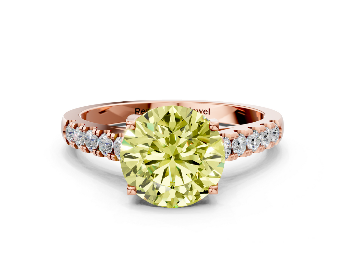 Rose gold Fancy Yellow Round  Cut Pavé Band Solitaire Ring with Four-Prong Setting