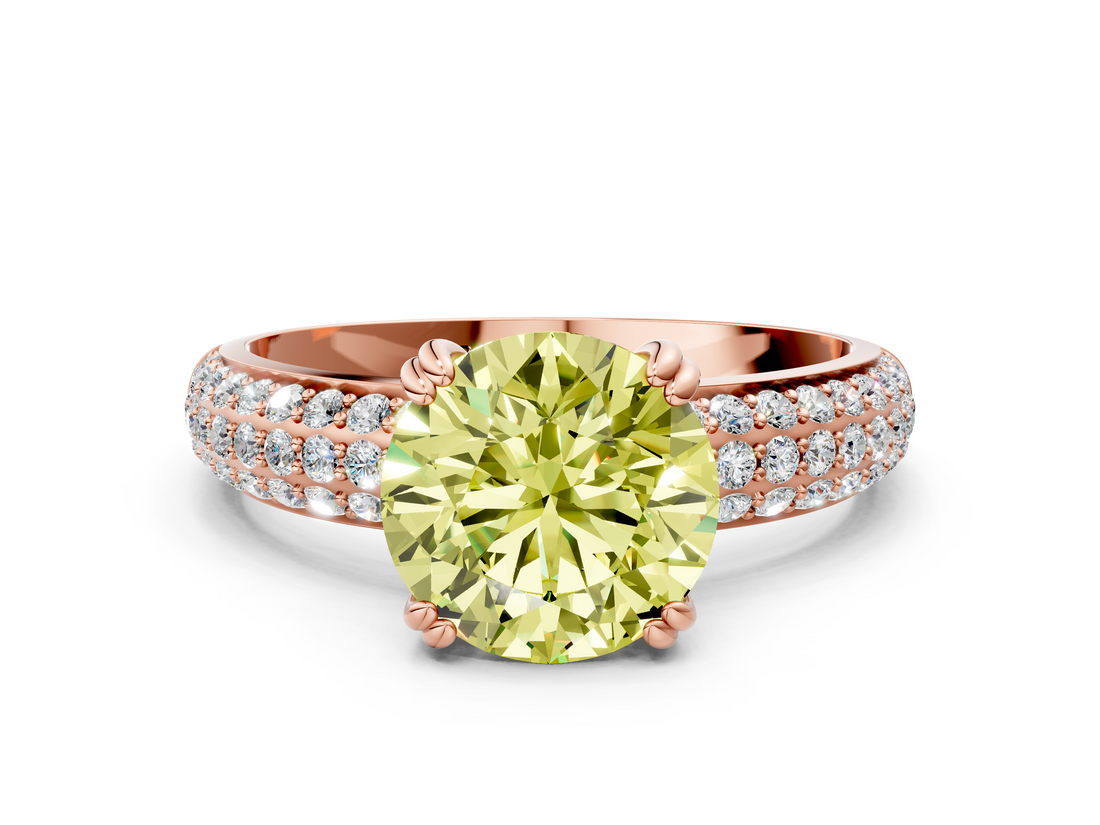 Rose gold Fancy Yellow Round  Cut Pave Diamond Engagement Ring with Channel Set Band and Four-Prong Setting
