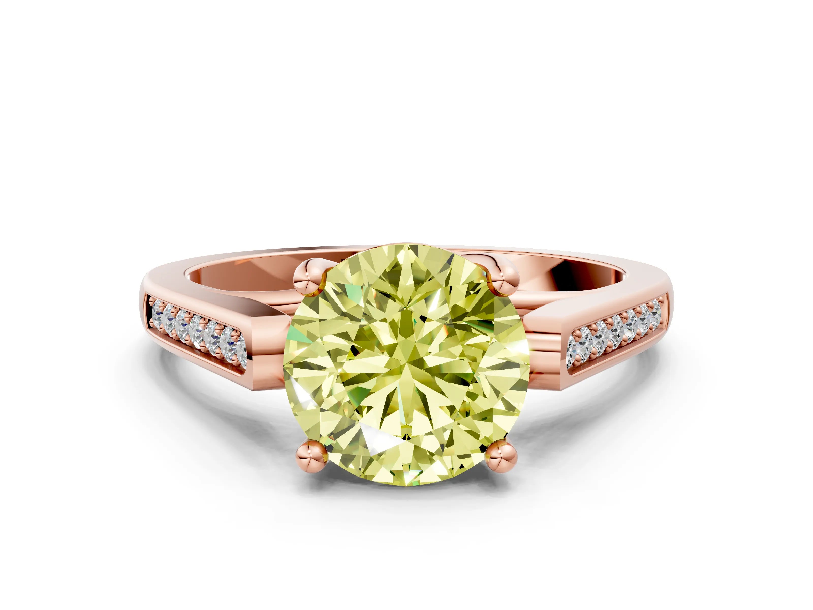 Rose gold Fancy Yellow Round Cut Solitaire Cathedral Diamond Engagement Ring with Channel-Set Band and Four-Prong Setting_3