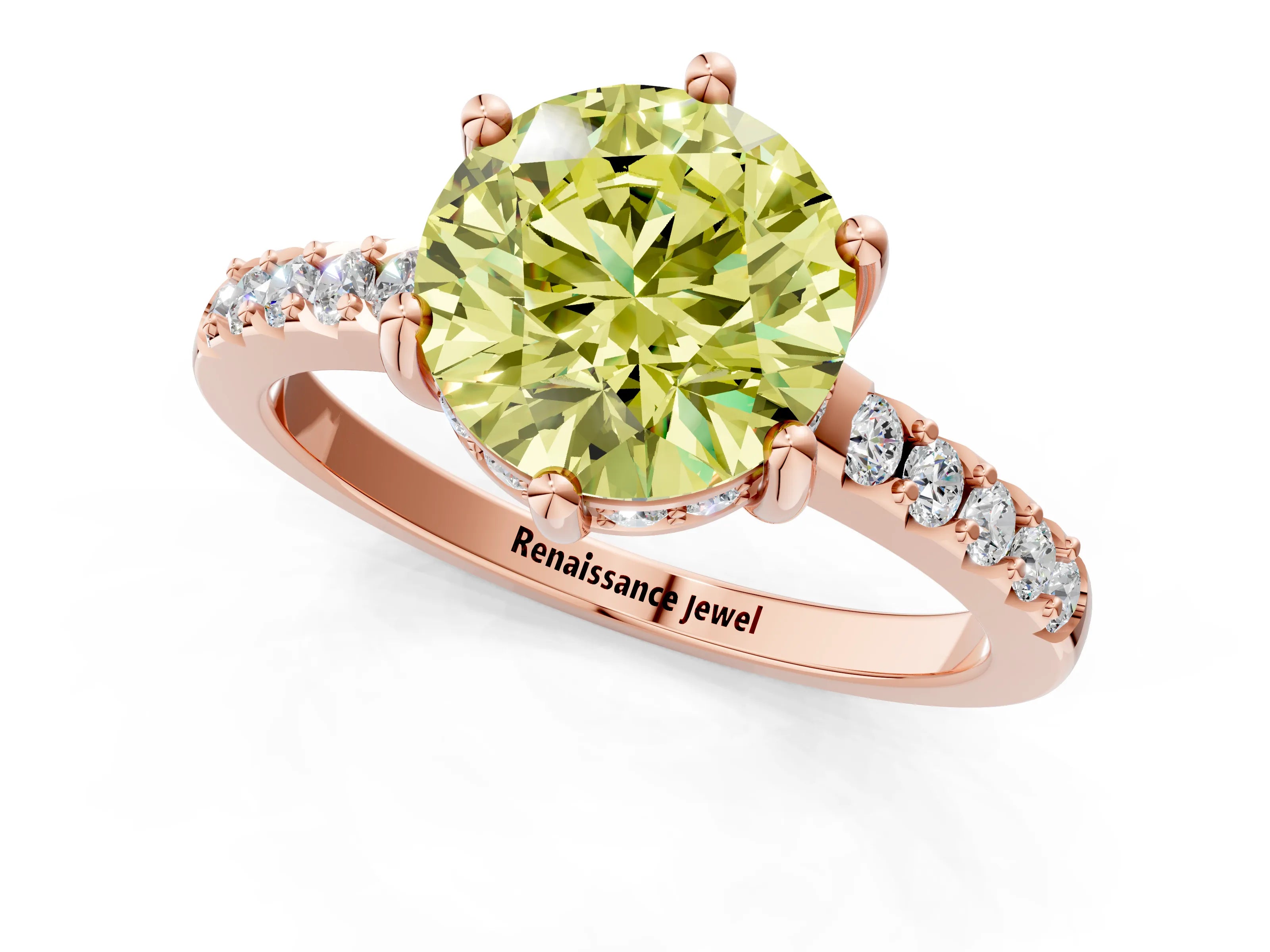 Rose gold Fancy Yellow Round Cut Solitaire Diamond Engagement Ring with Pavé Band and Six-Prong Setting_1