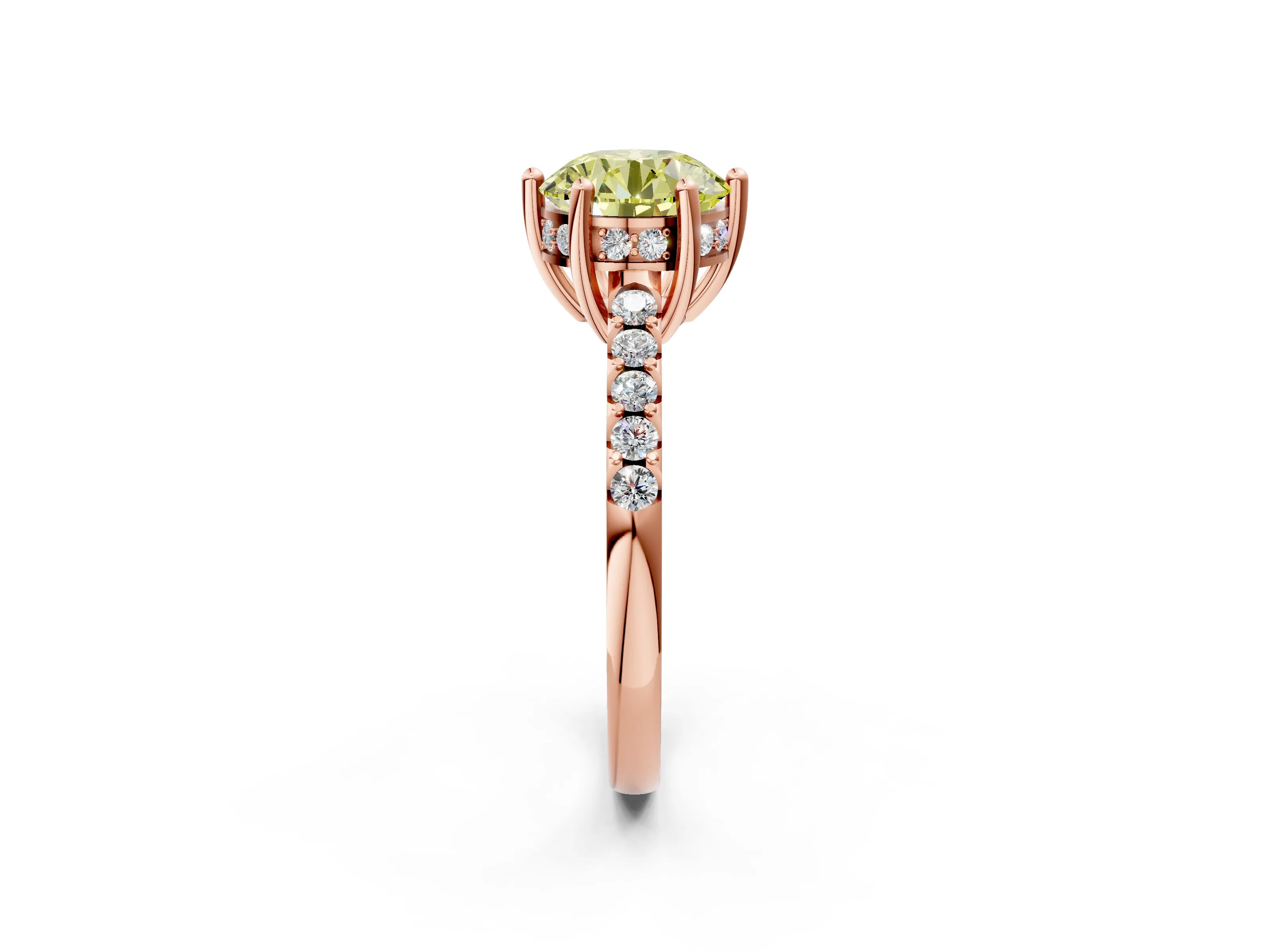 Rose gold Fancy Yellow Round Cut Solitaire Diamond Engagement Ring with Pavé Band and Six-Prong Setting_2