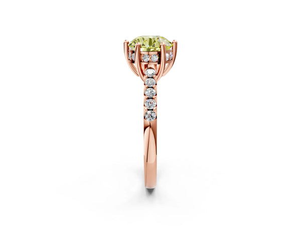 Rose gold Fancy Yellow Round Cut Solitaire Diamond Engagement Ring with Pavé Band and Six-Prong Setting