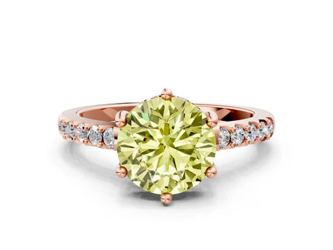 Rose gold Fancy Yellow Round Cut Solitaire Diamond Engagement Ring with Pavé Band and Six-Prong Setting