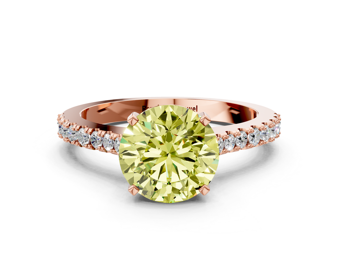 Rose gold Fancy Yellow Round  Cut Solitaire Diamond Engagement Ring with Pave Band and Four-Prong Setting
