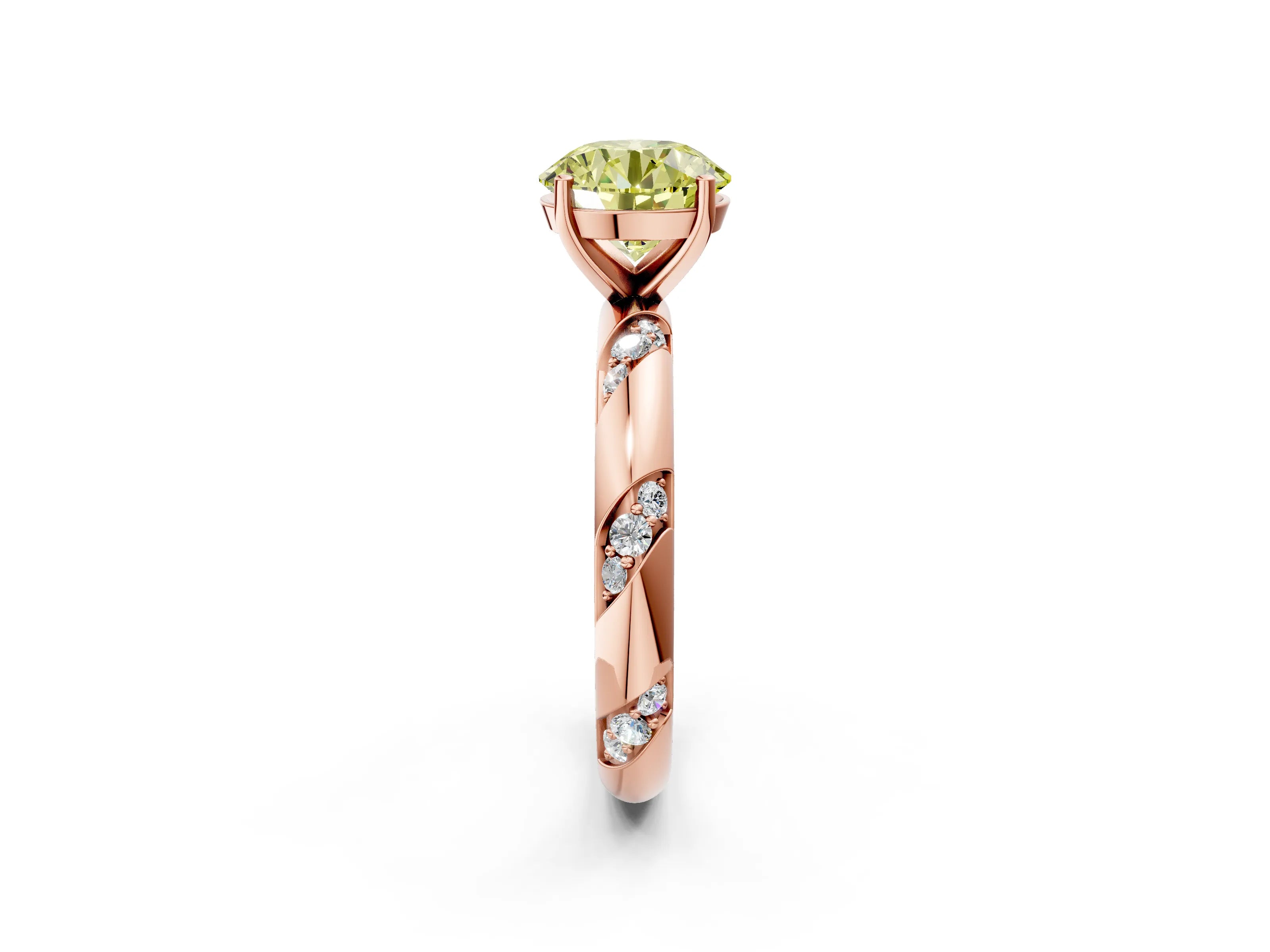 Rose gold Fancy Yellow Round Cut Solitaire Diamond Engagement Ring with Twisted Pave Band and Four-Prong Setting_5