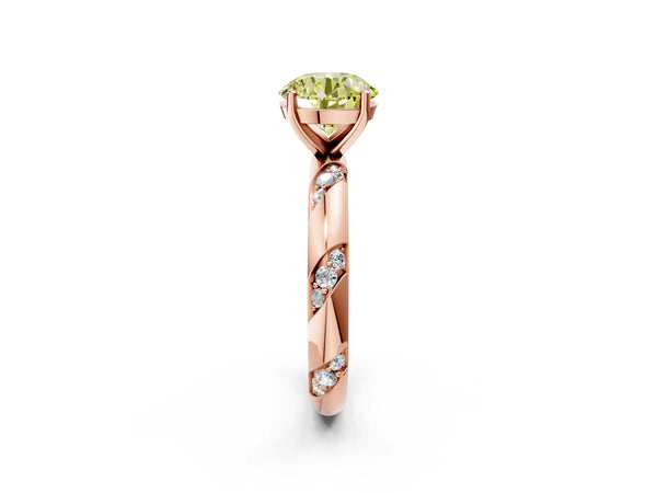 Rose gold Fancy Yellow Round Cut Solitaire Diamond Engagement Ring with Twisted Pave Band and Four-Prong Setting