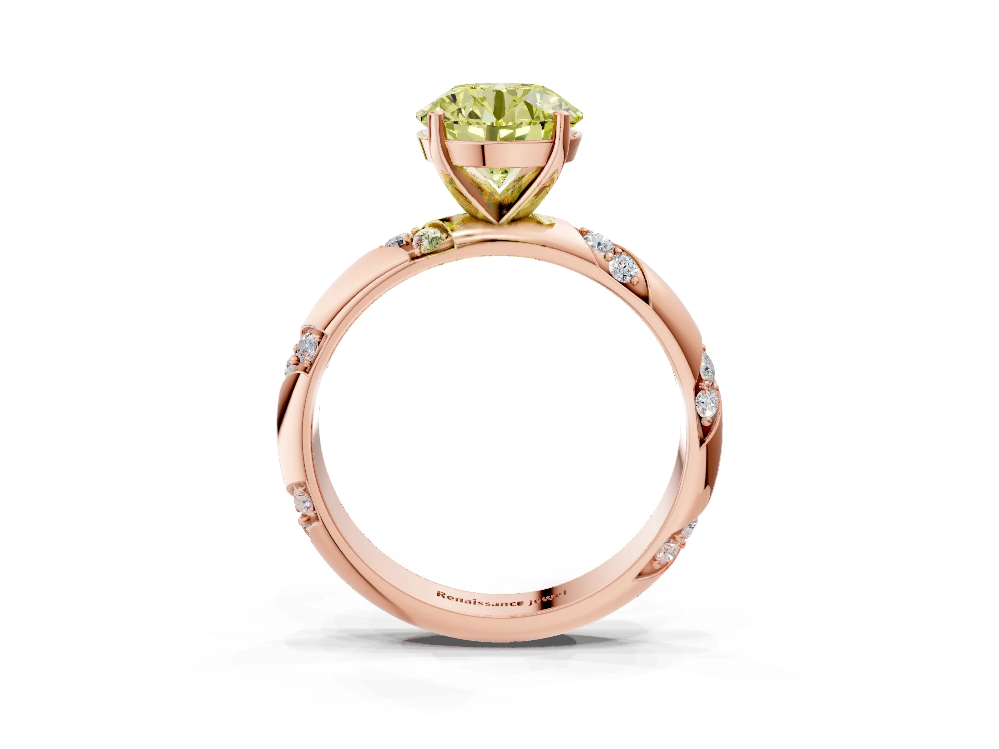 Rose gold Fancy Yellow Round Cut Solitaire Diamond Engagement Ring with Twisted Pave Band and Four-Prong Setting_6