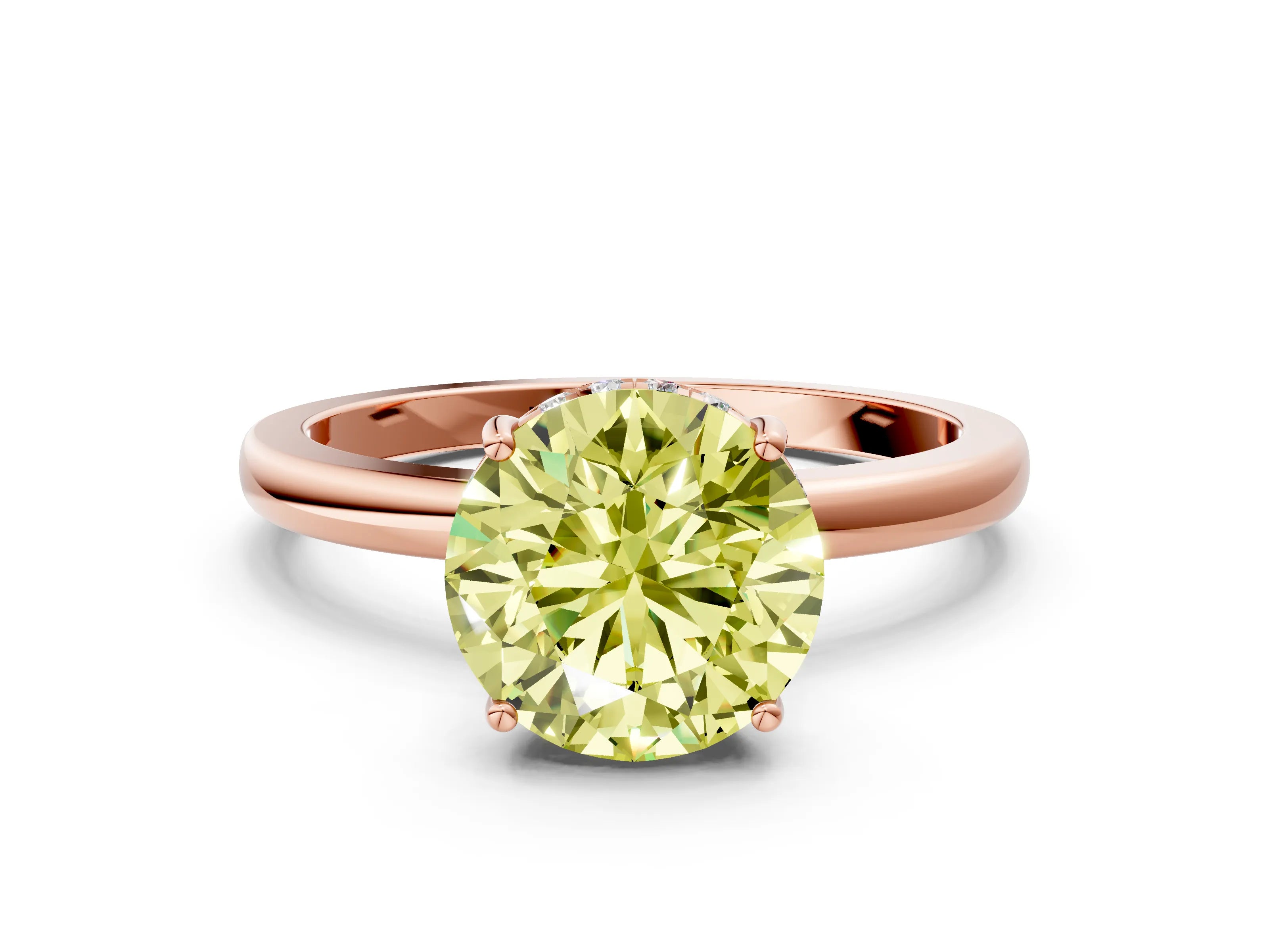 Rose gold Fancy Yellow Round Cut Solitaire Diamond Ring with Prong Setting and Plain Band